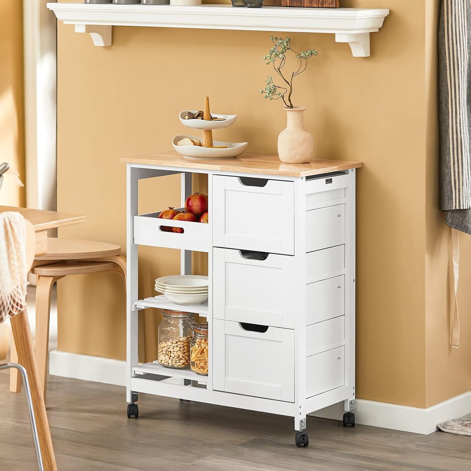 Kitchen Island Trolley Rolling Storage Cart 3 Drawers Butcher Block Top
