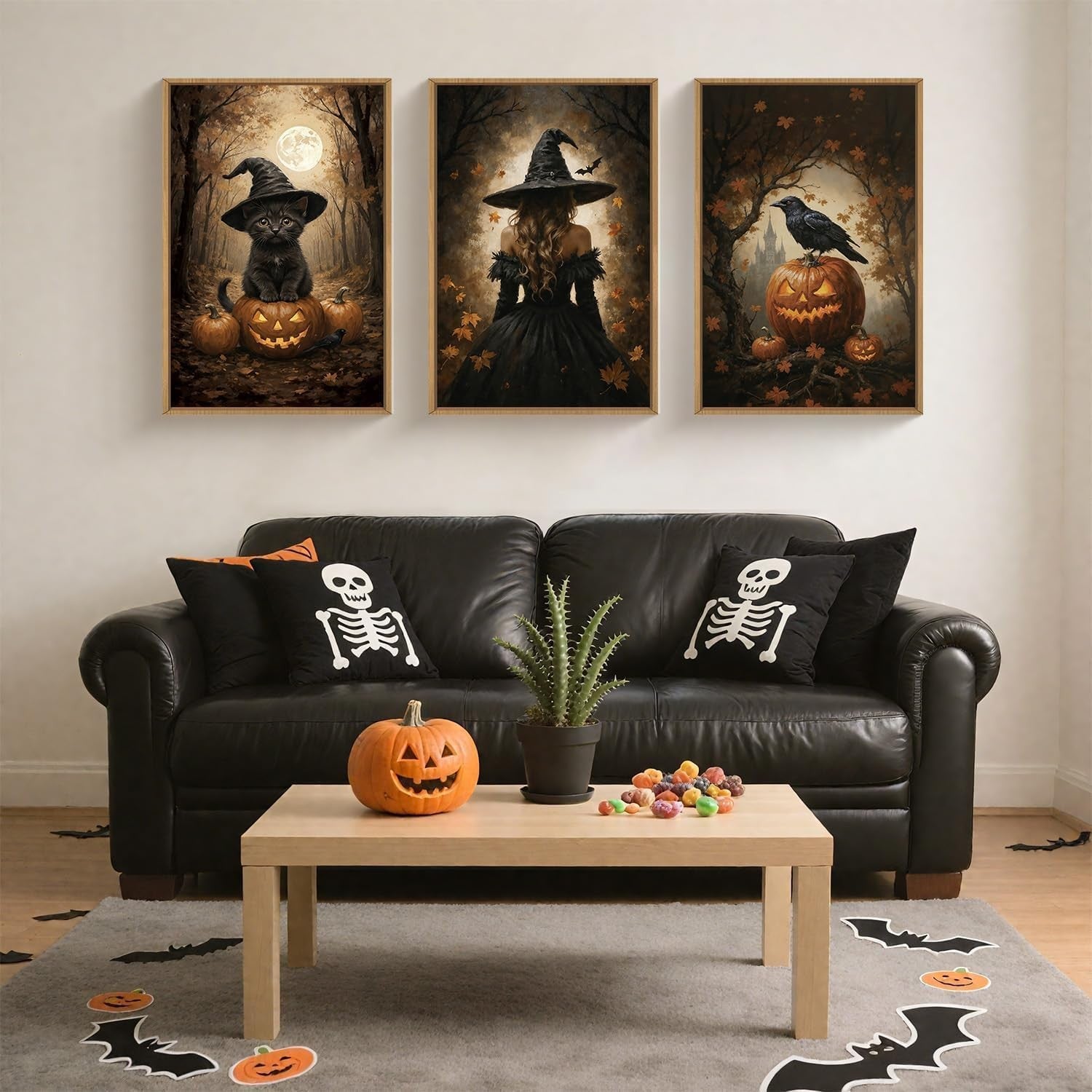 Halloween Framed Canvas Wall Art Set 3 Spooky Witch Cat Pumpkin Decor