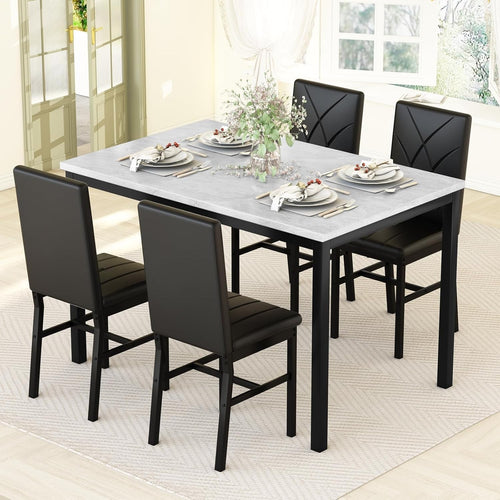 4 Seater Dining Table Set Faux Marble Black PU Chairs Space Saving Modern
