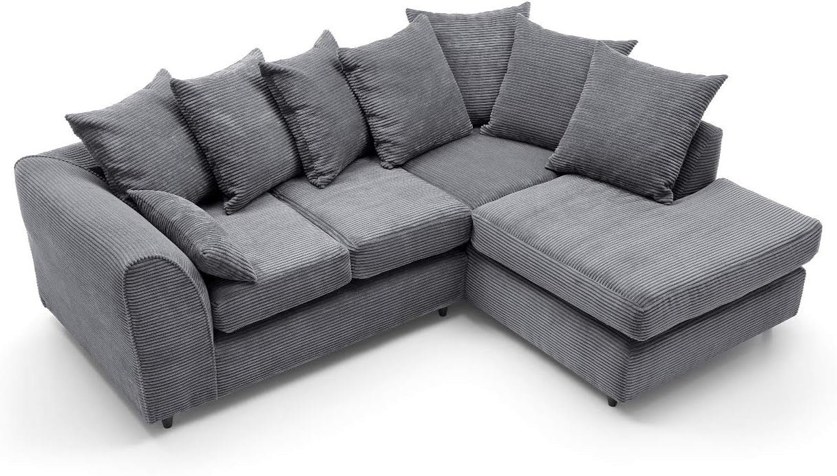 Grey Jumbo Cord Right Hand L Shaped Sofa | Deep Cushions | Durable Frame
