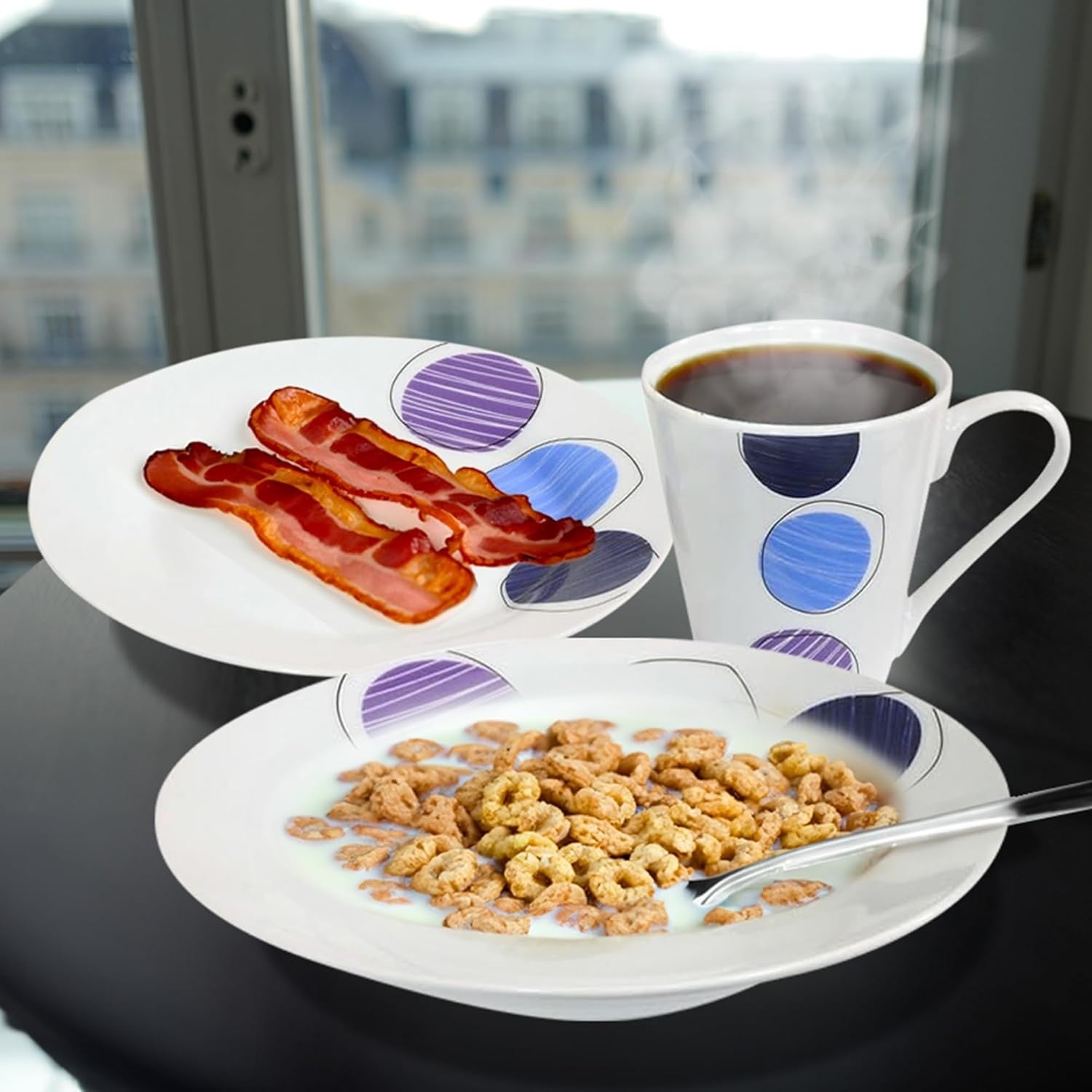 16pc Porcelain Dinner Set Plates Bowls Mugs Blue Purple Microwave Safe