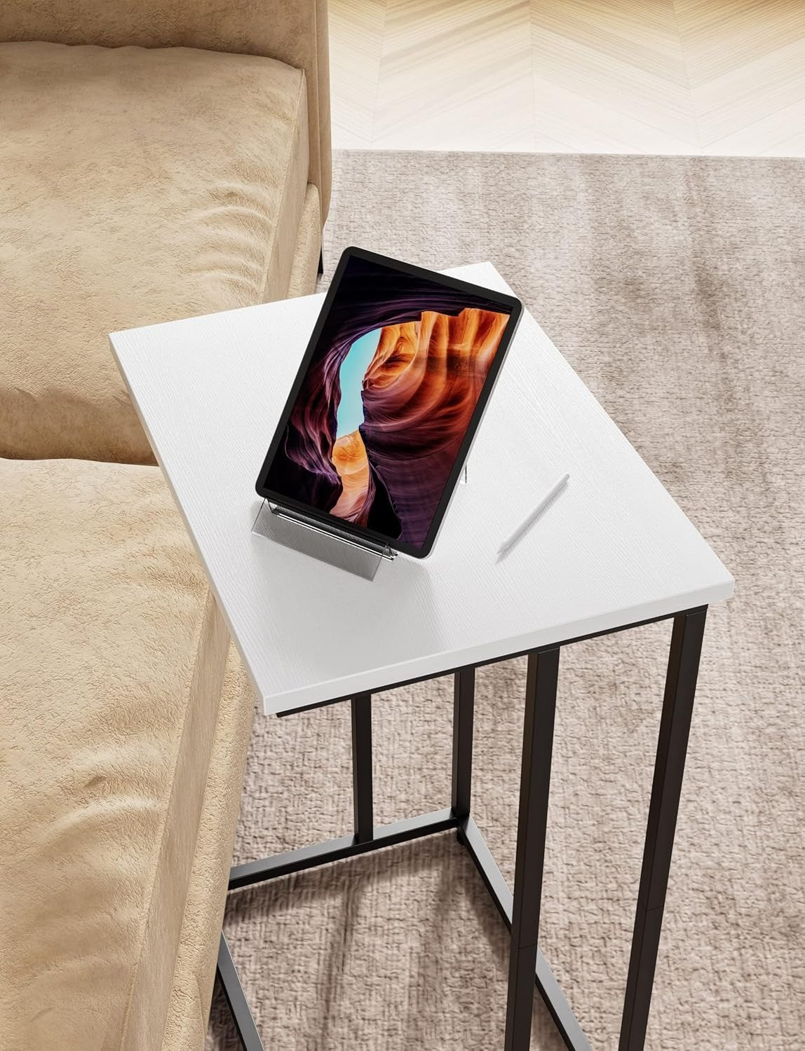 Wide C Side Table Sofa Laptop Desk Bed Snack End Table Metal Frame White