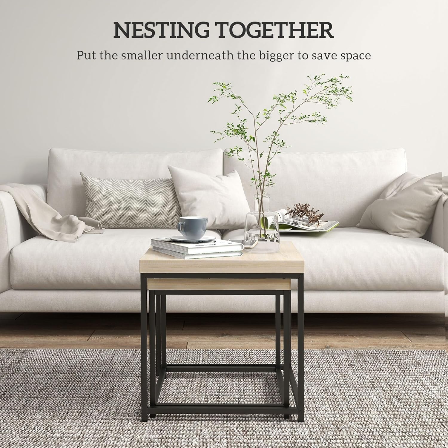 Oak Nesting Coffee Table Set Modern Square End Side Accent Tables Steel Frame