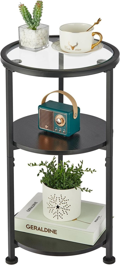 Modern 3-Tier Round Side Table with Tempered Glass, Storage, 30x30x55cm