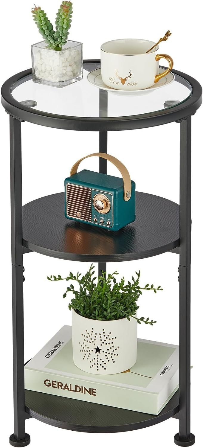 Modern 3-Tier Round Side Table with Tempered Glass, Storage, 30x30x55cm