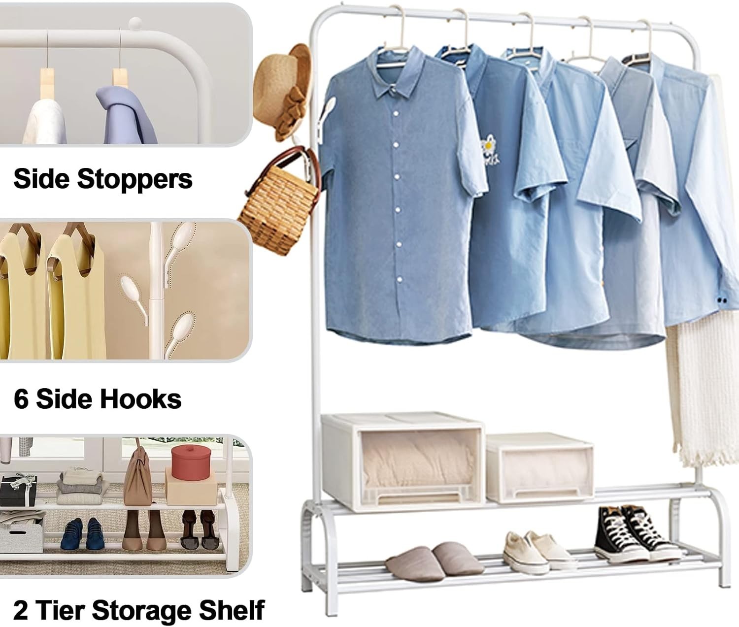 Heavy Duty Clothes Rail with 8 Hooks & Double Shoe Rack – White
