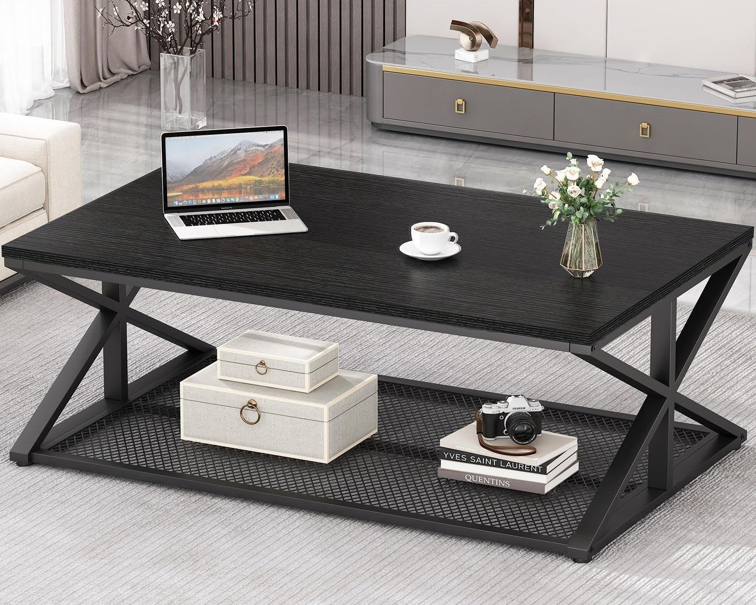 Modern Black Coffee Table with Storage Shelf – Industrial Metal Frame 120cm