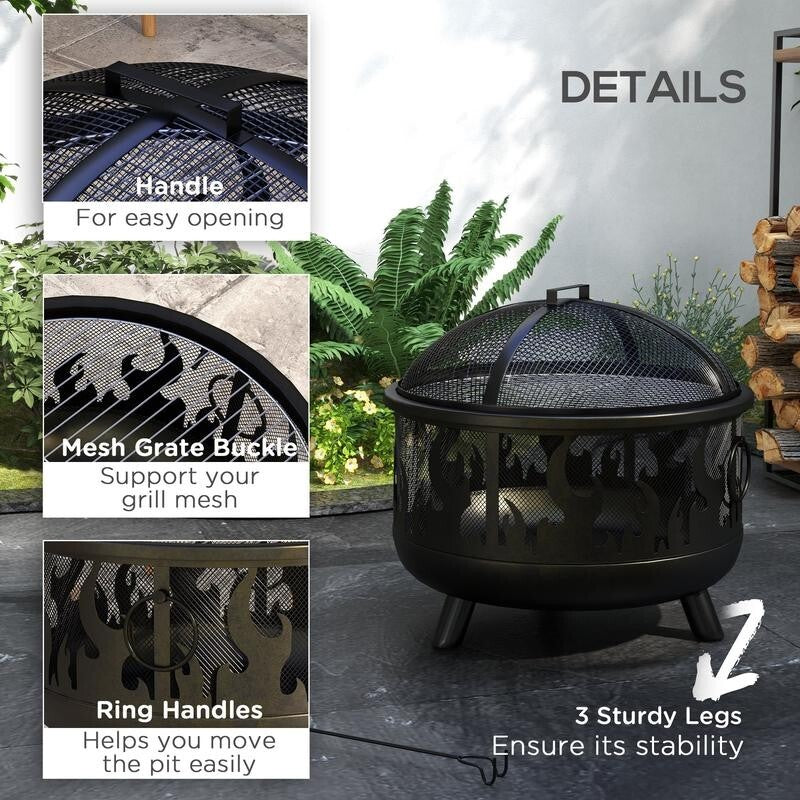 Large Steel Fire Pit BBQ with Mesh Lid & Poker – Safe Outdoor Heating
