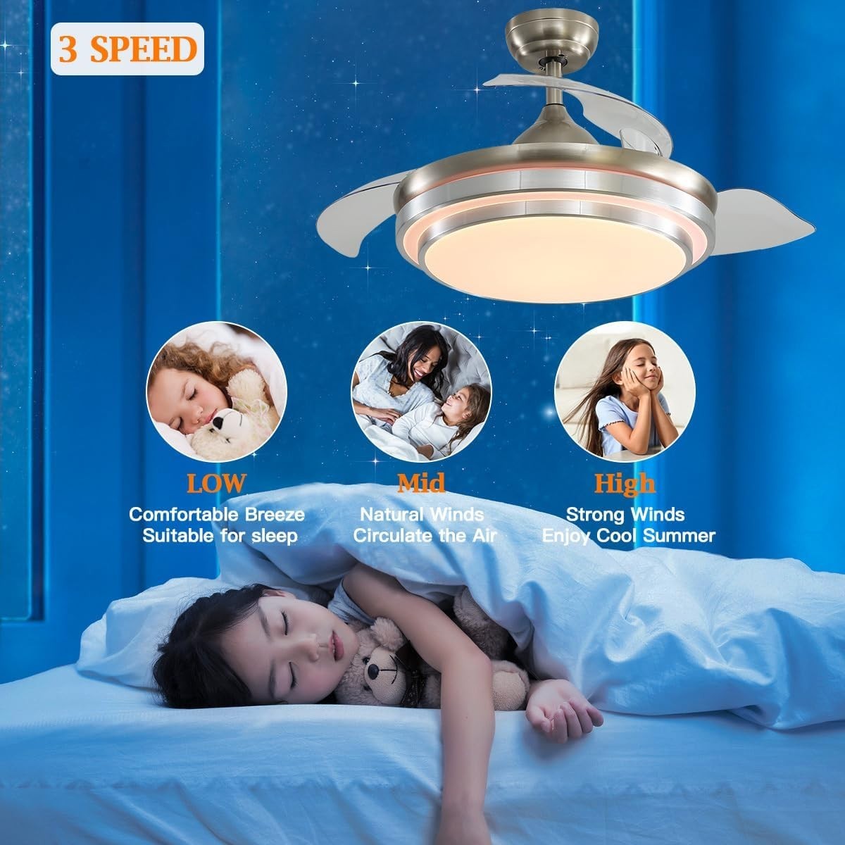 Warmiehomy 42" Ceiling Fan with Lights Retractable Blades 36W LED Sliver