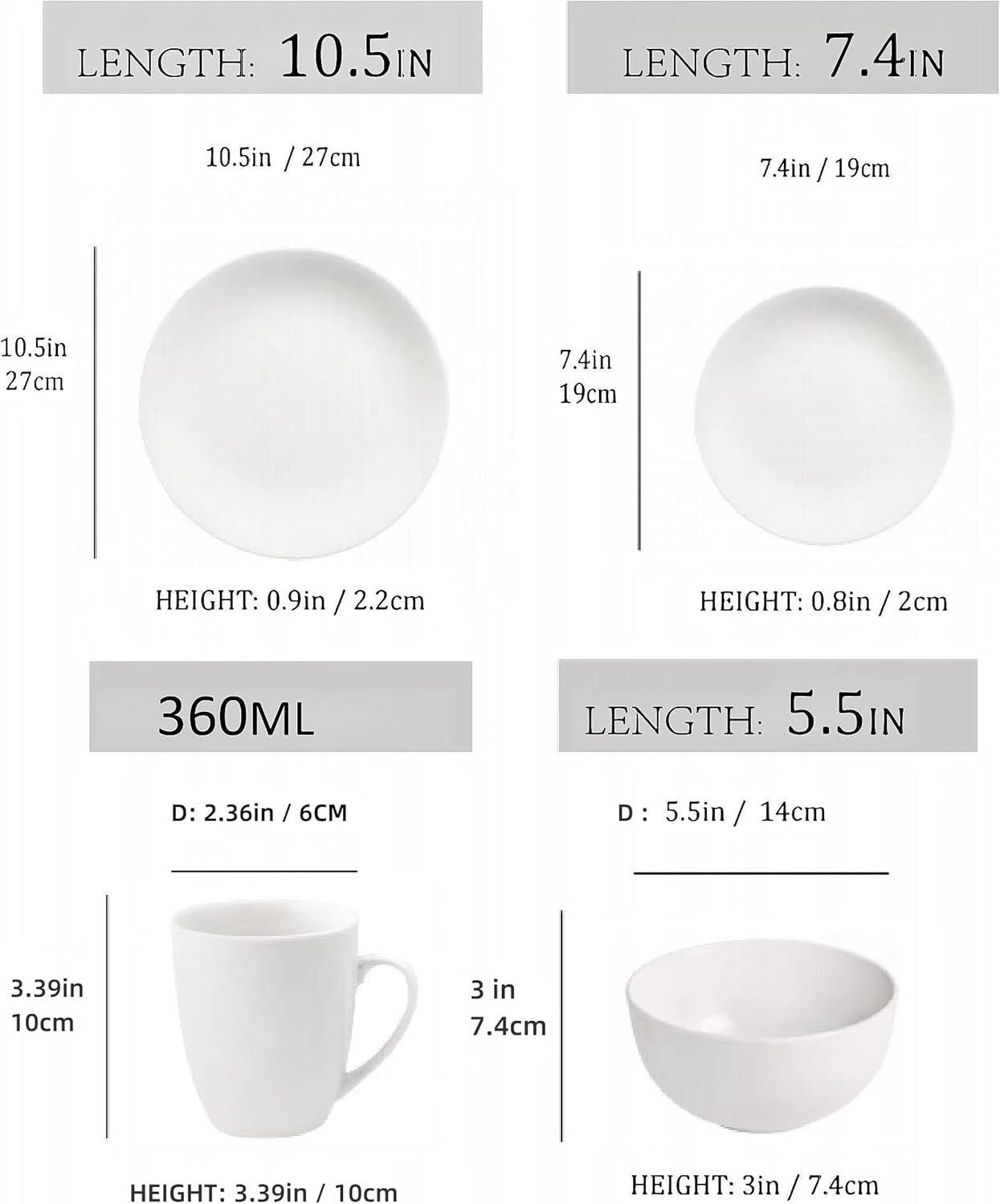 24 Piece Porcelain Dinnerware Set White Plates Bowls Mugs Dishwasher Safe