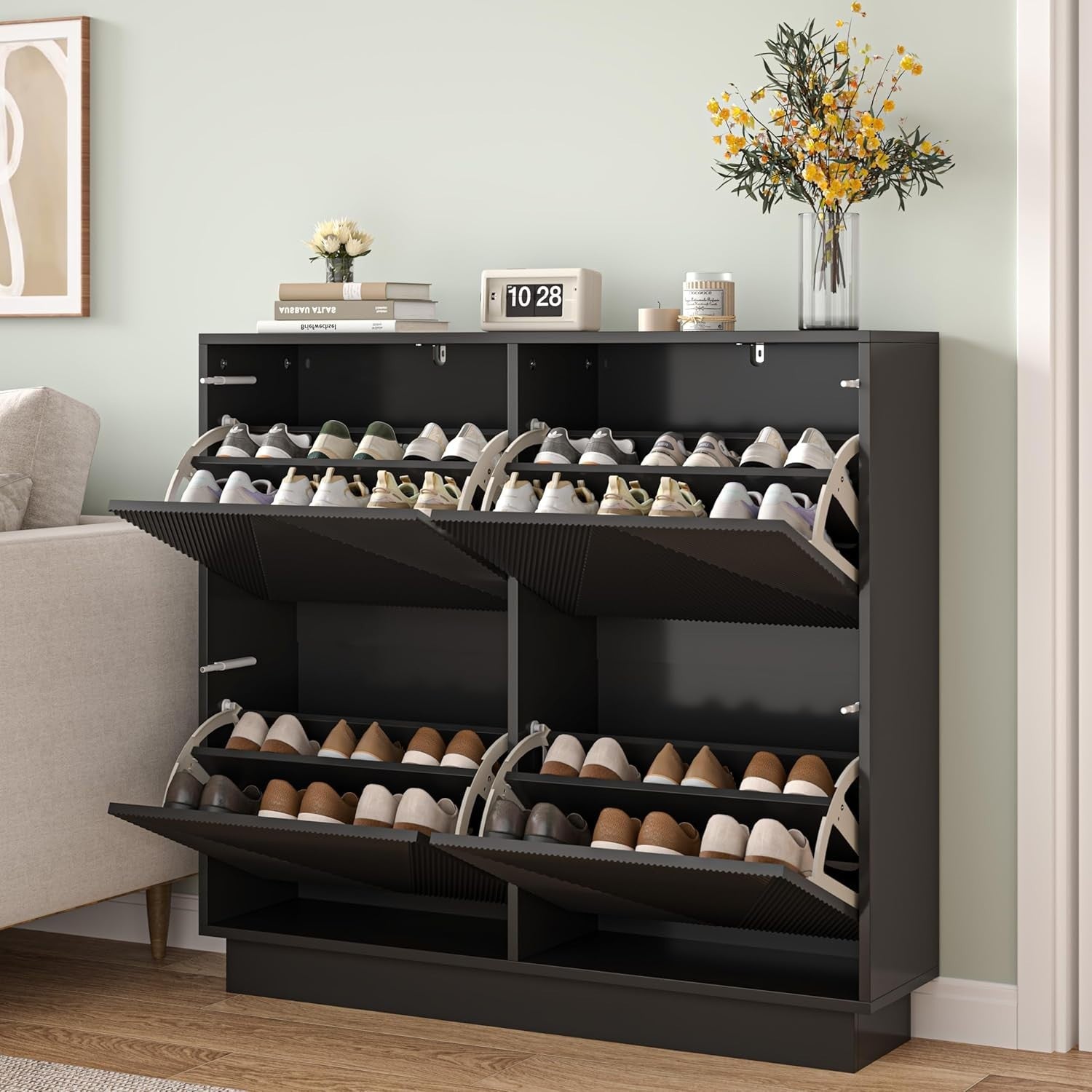Slim Black Shoe Cabinet | 4 Flip Drawers, Anti-Tip, 99cm Wide Storage Unit