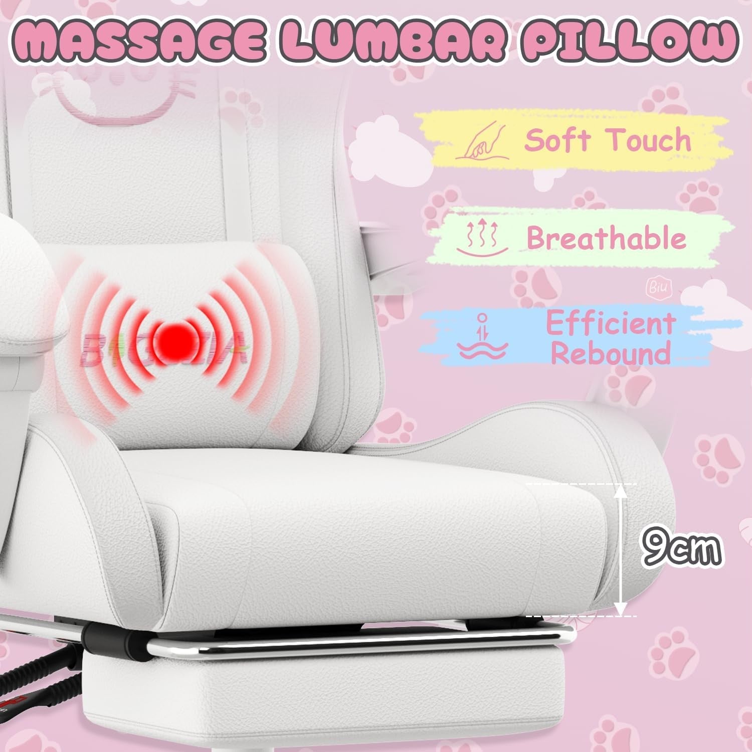 Gaming Chair with Cat Ears Massage Lumbar Recliner White