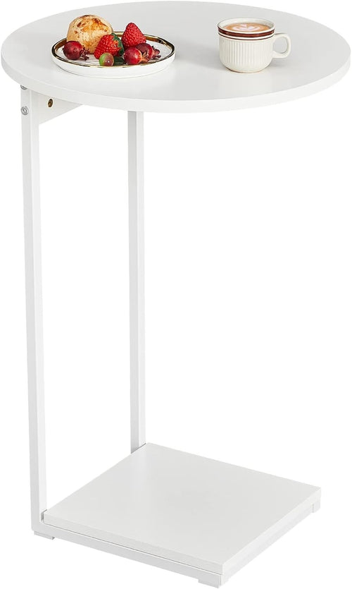 Slim C-Shaped Side Table with 15" Round Top – Space-Saving White End Table
