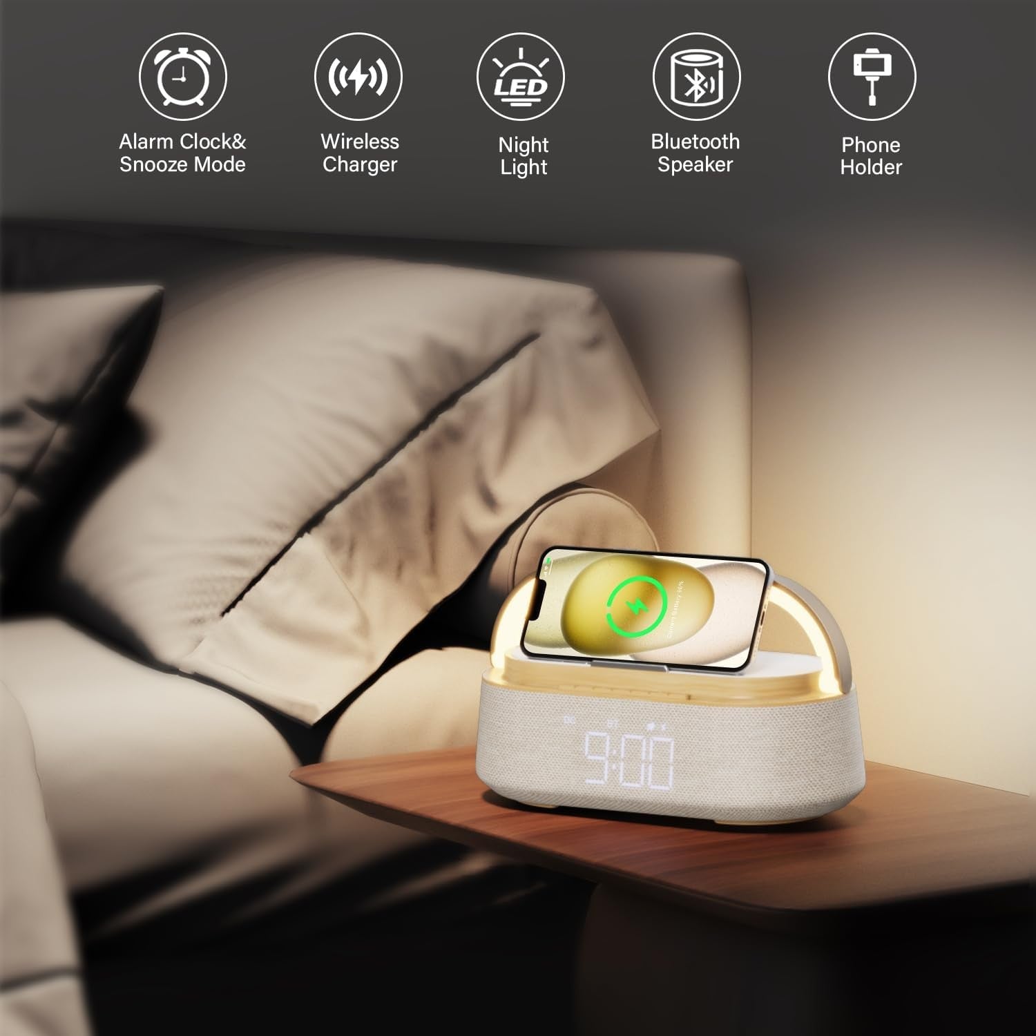 Yellow Bluetooth Speaker Alarm Clock Wireless Charger LED Night Light Radio