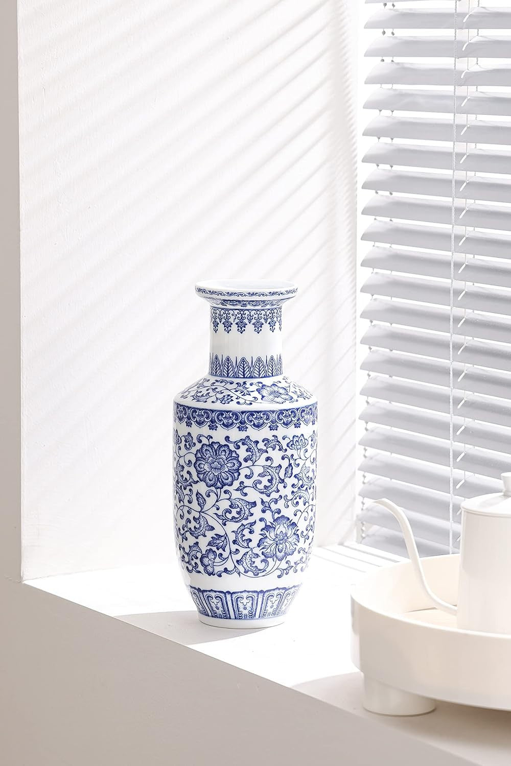 Blue White Chinoiserie Ceramic Vase 10in Glossy Floral Table Centerpiece