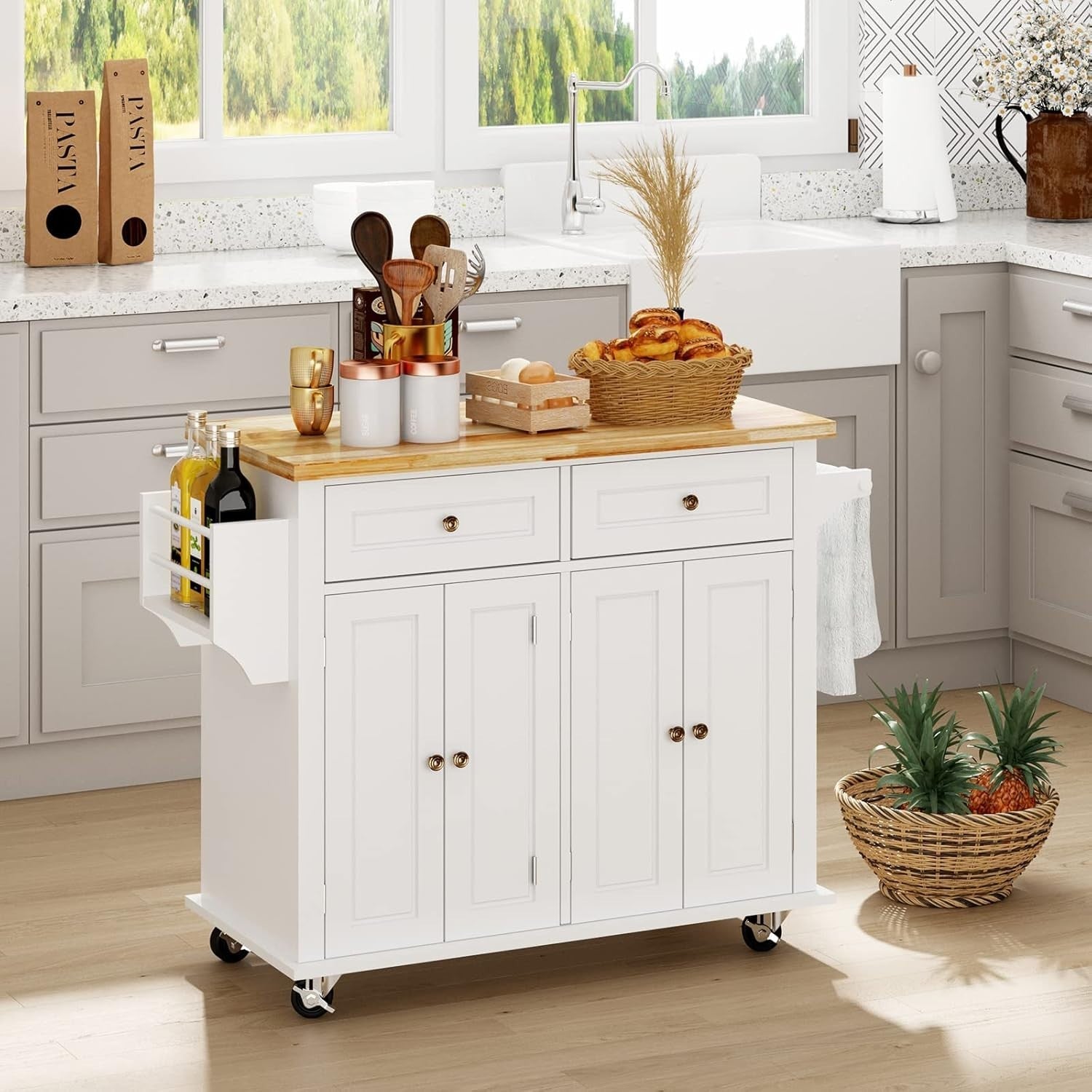 Rolling Kitchen Trolley Cart with Drawers, Cabinets & Lockable Wheels, Space-Sav