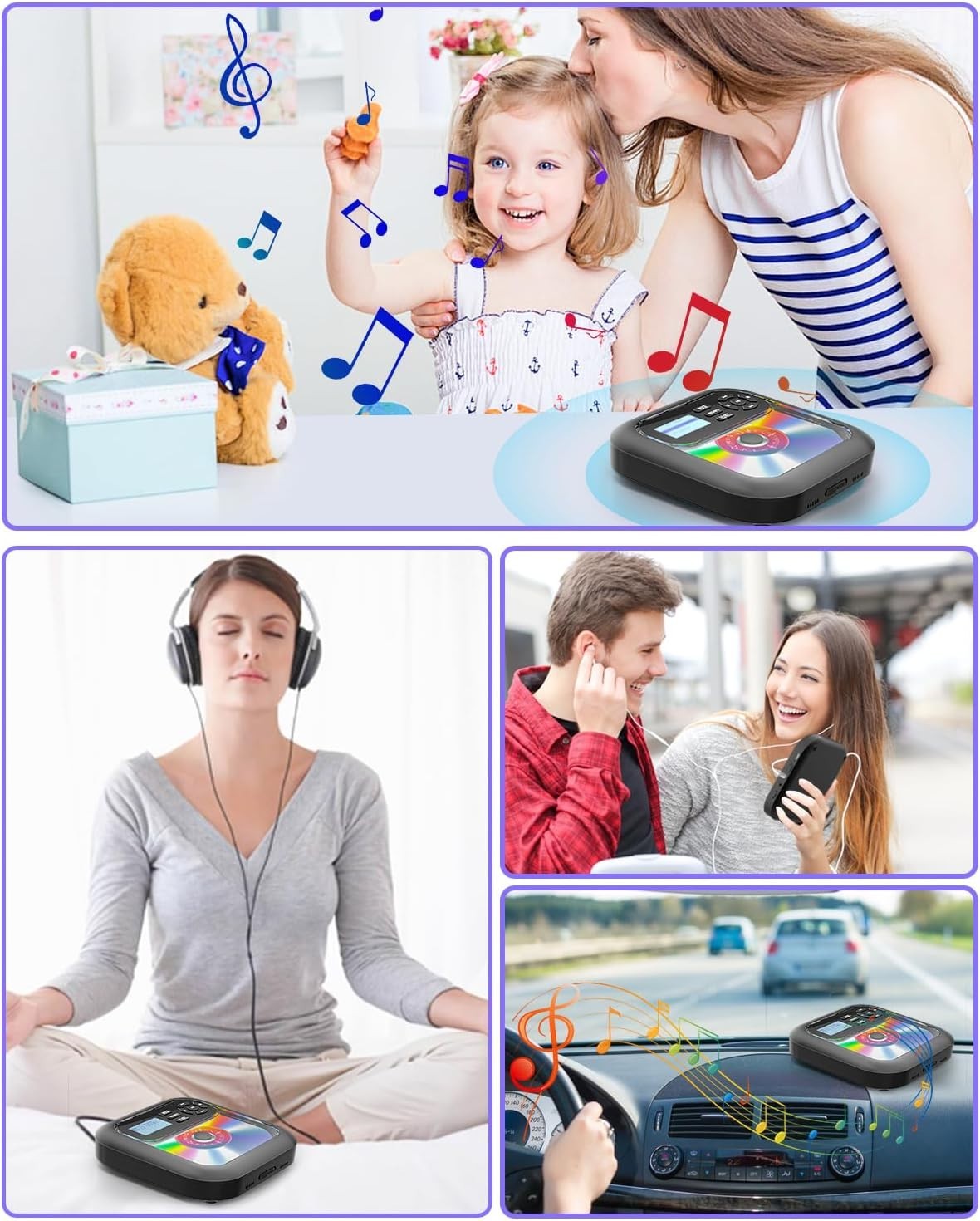 Portable CD Player Bluetooth FM Car Radio TF Card AUX Rechargeable