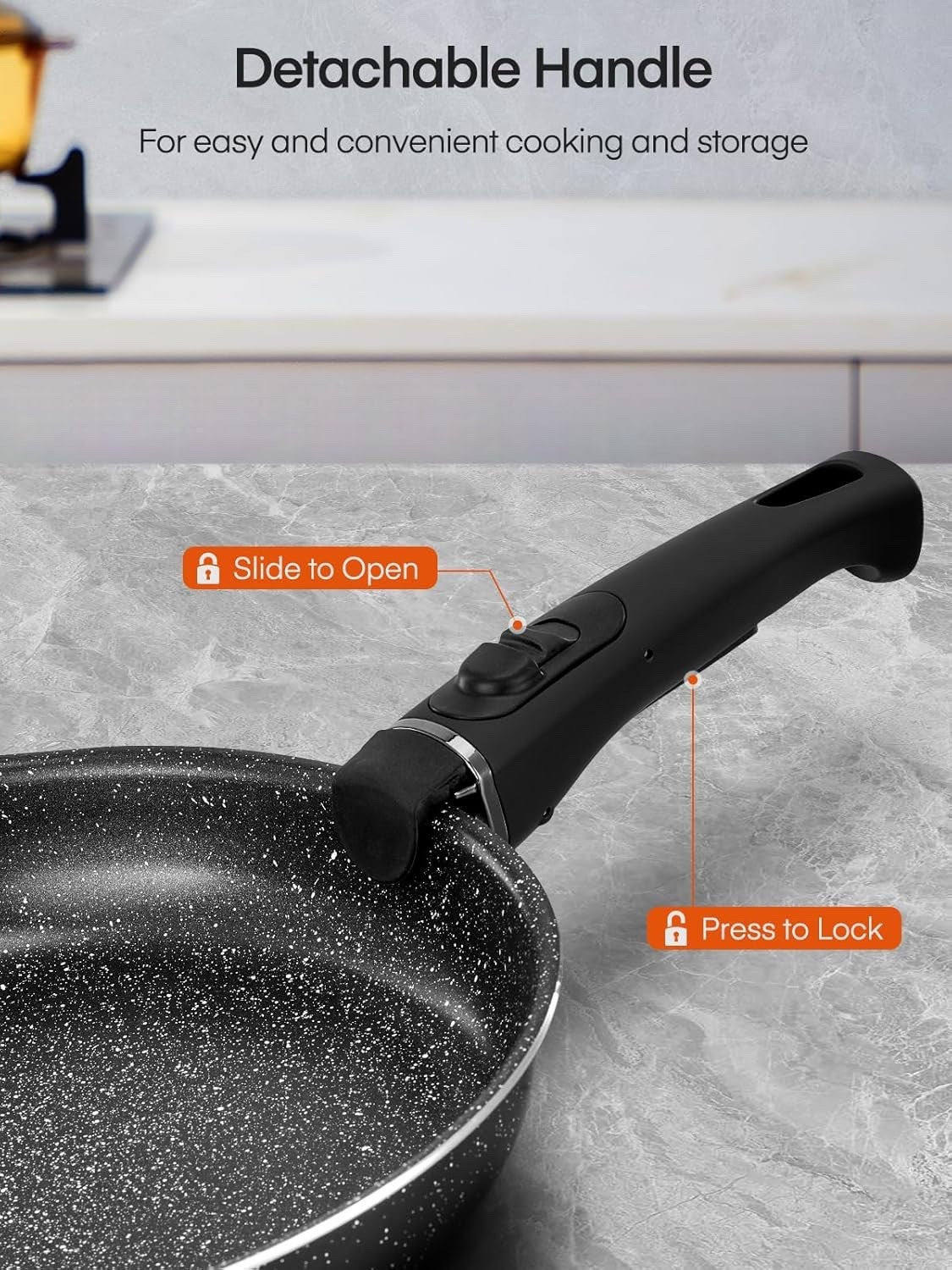 8Pcs Black Non stick Pots and Pans Set with Detachable Handles & Lids