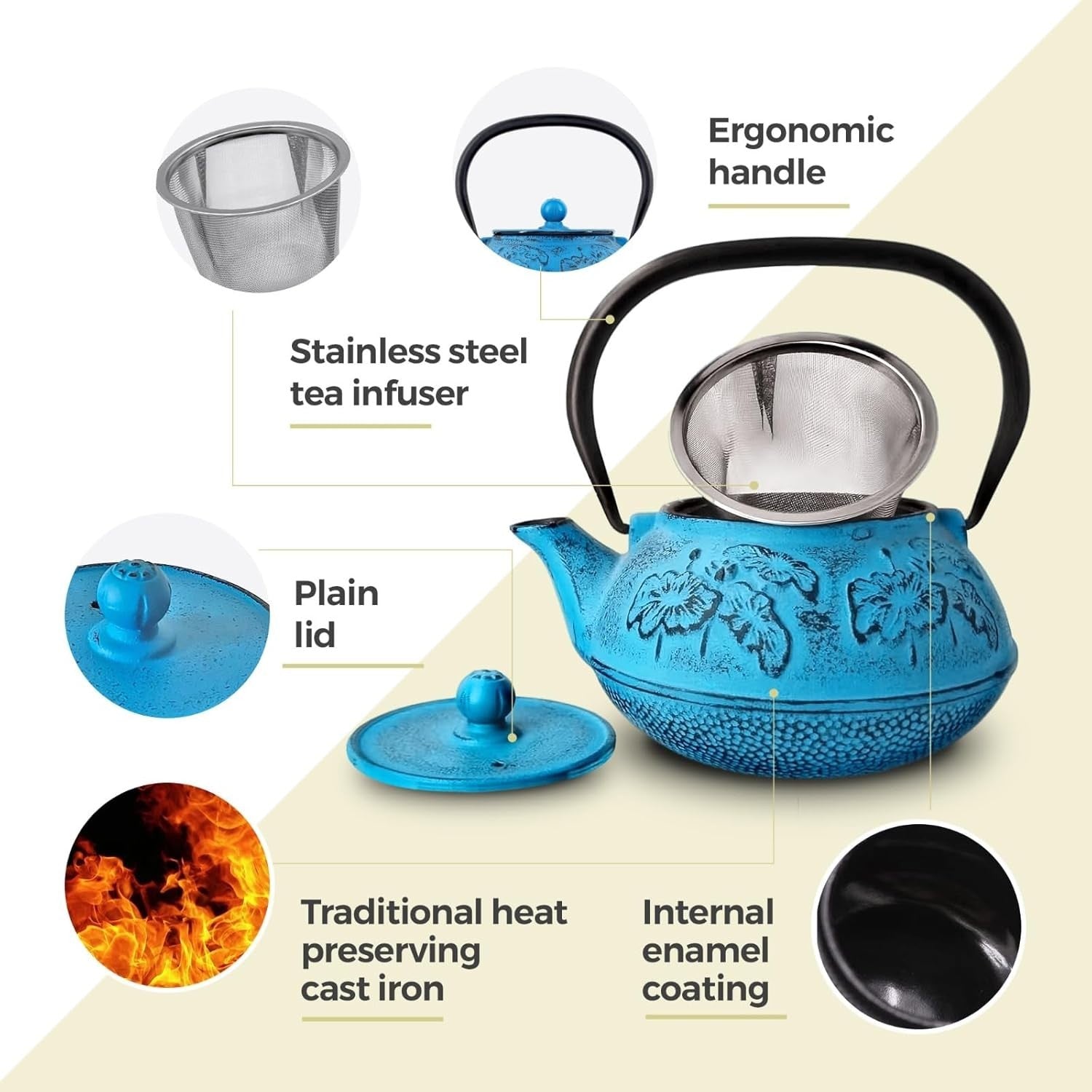 Cast Iron Teapot 900ml Tea Pot w/ Infuser Blue Floral Tetsubin Style