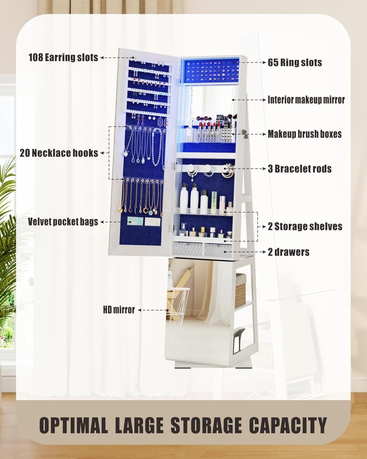 360° Swivel Jewelry Armoire Full Length Mirror LED Storage Cabinet White
