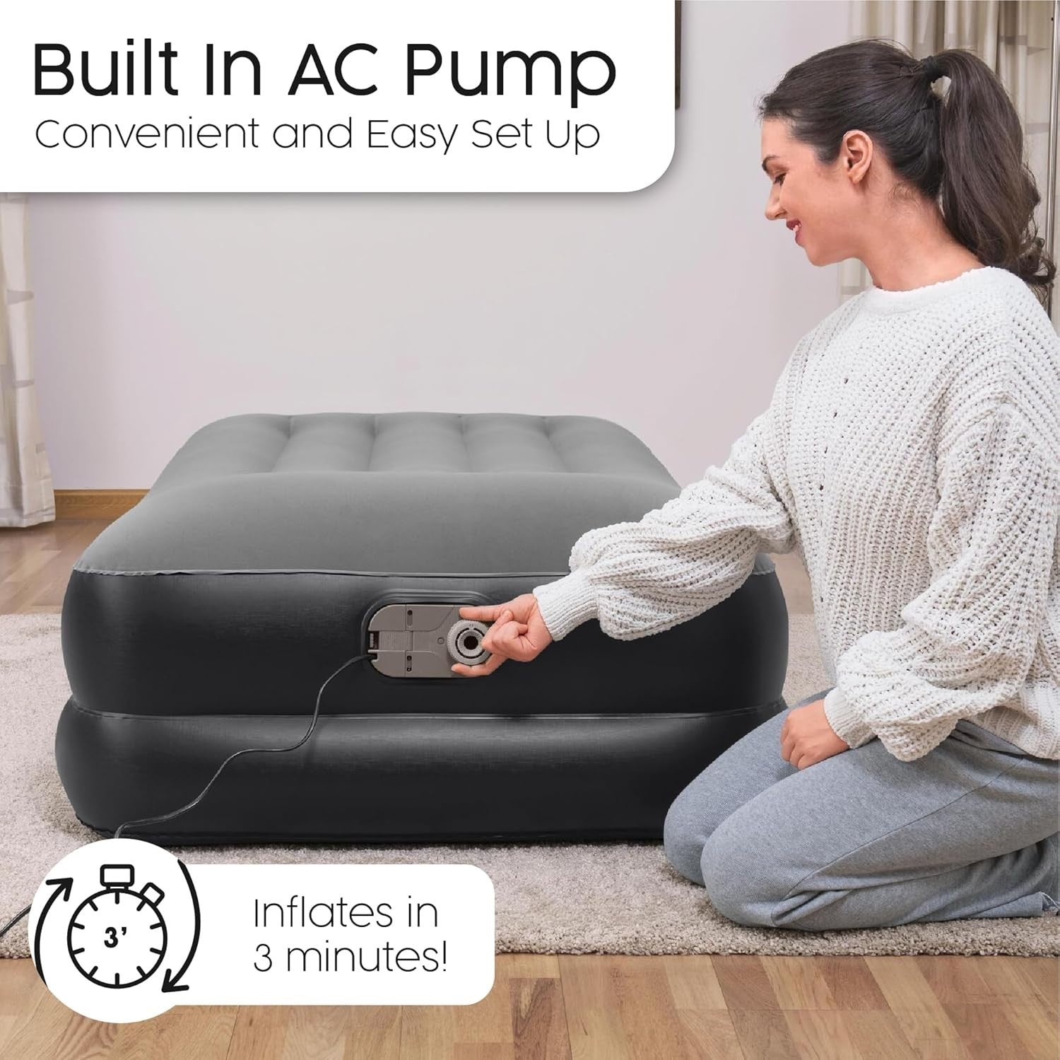 Inflatable Air Mattress Twin Size with Built-In Electric Pump & Flocked Top