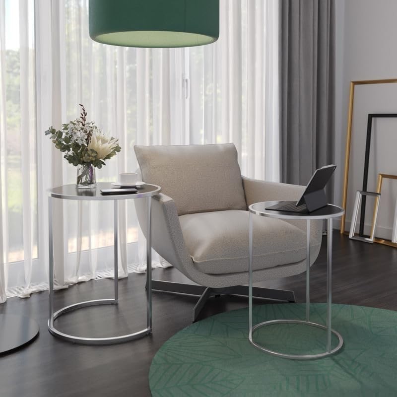 Set of 2 Round Nesting End Tables Glass Top Chrome Legs Modern Living Room