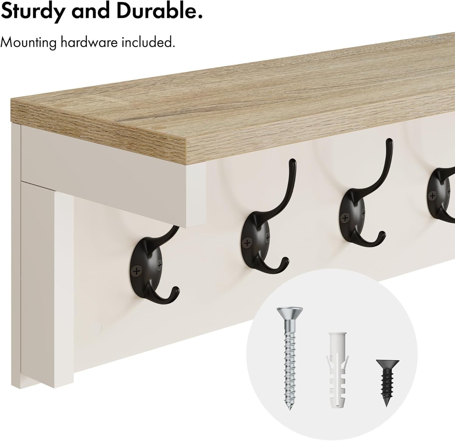 Cream Wall Mounted Coat Rack with Shelf | 7 Double Hooks Hallway Organiser