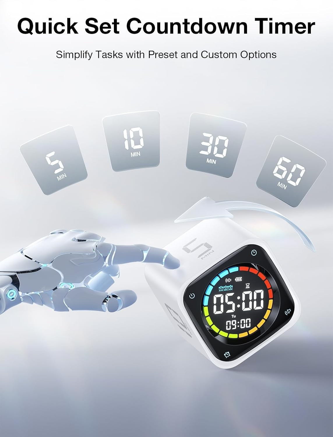 Pomodoro Timer Cube White Digital Countdown Stopwatch Focus Study Desk Clock