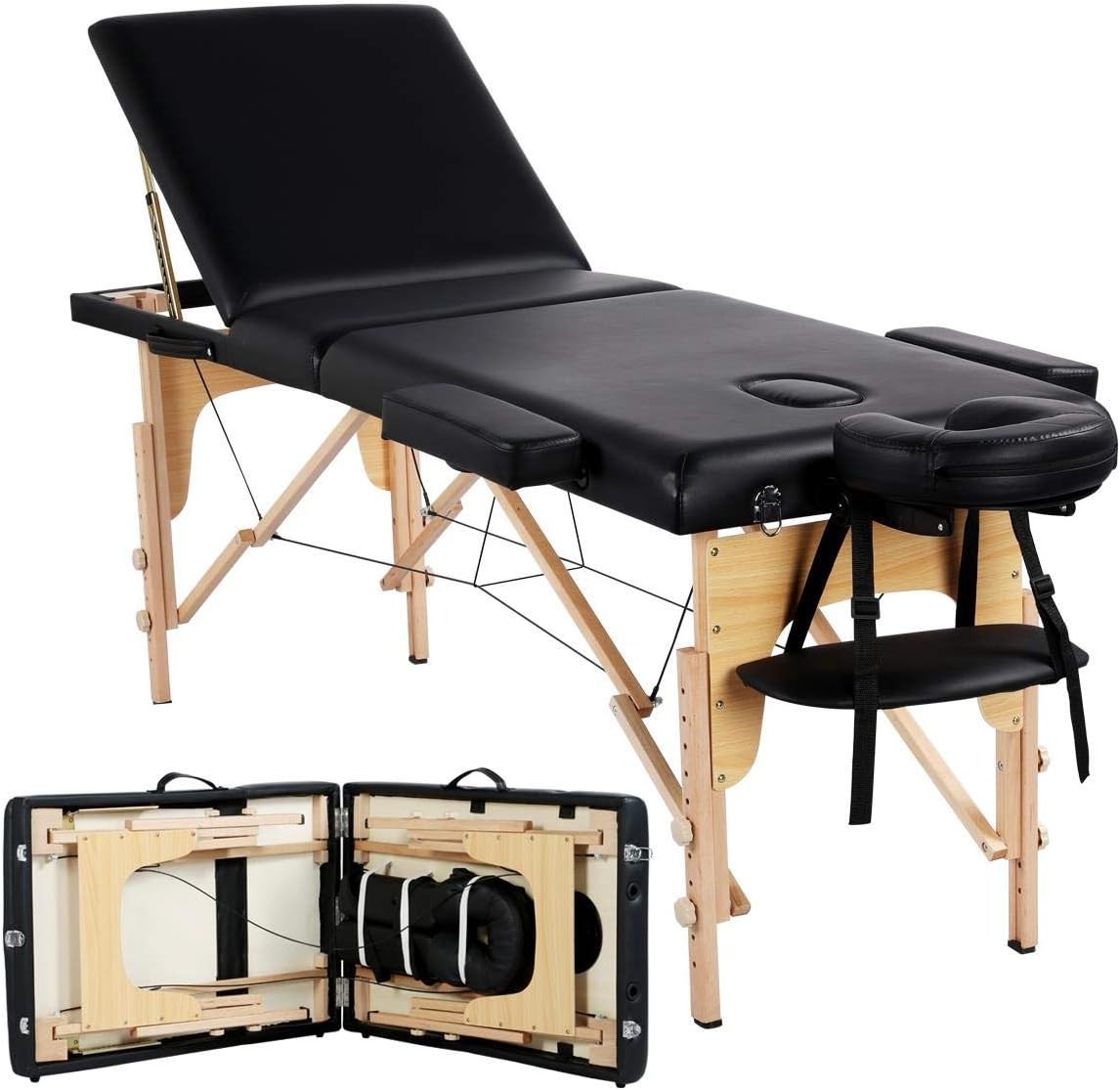 Adjustable 3-Section Folding Massage Table Portable Beauty Lash Bed Black 60cm