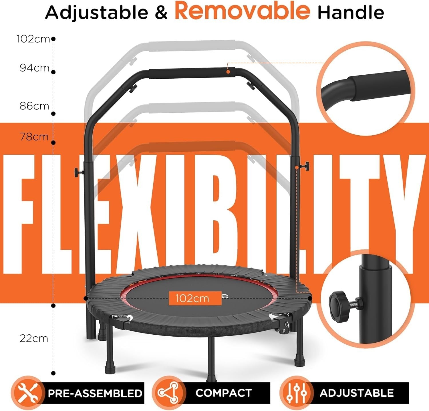 40” Foldable Fitness Trampoline Indoor Rebounder w Adjustable Handle 150KG