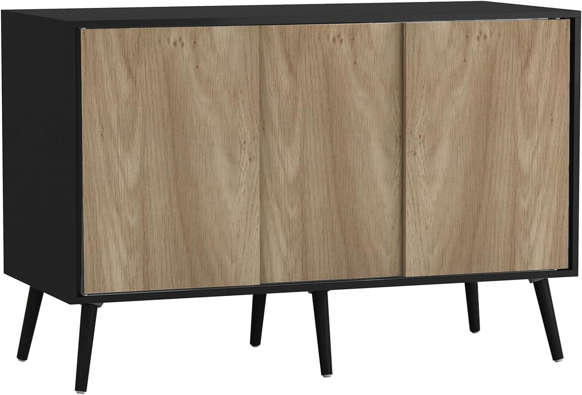 3 Oak Door Sliding Sideboard Cabinet Wooden Black Leg Modern Storage Organizer