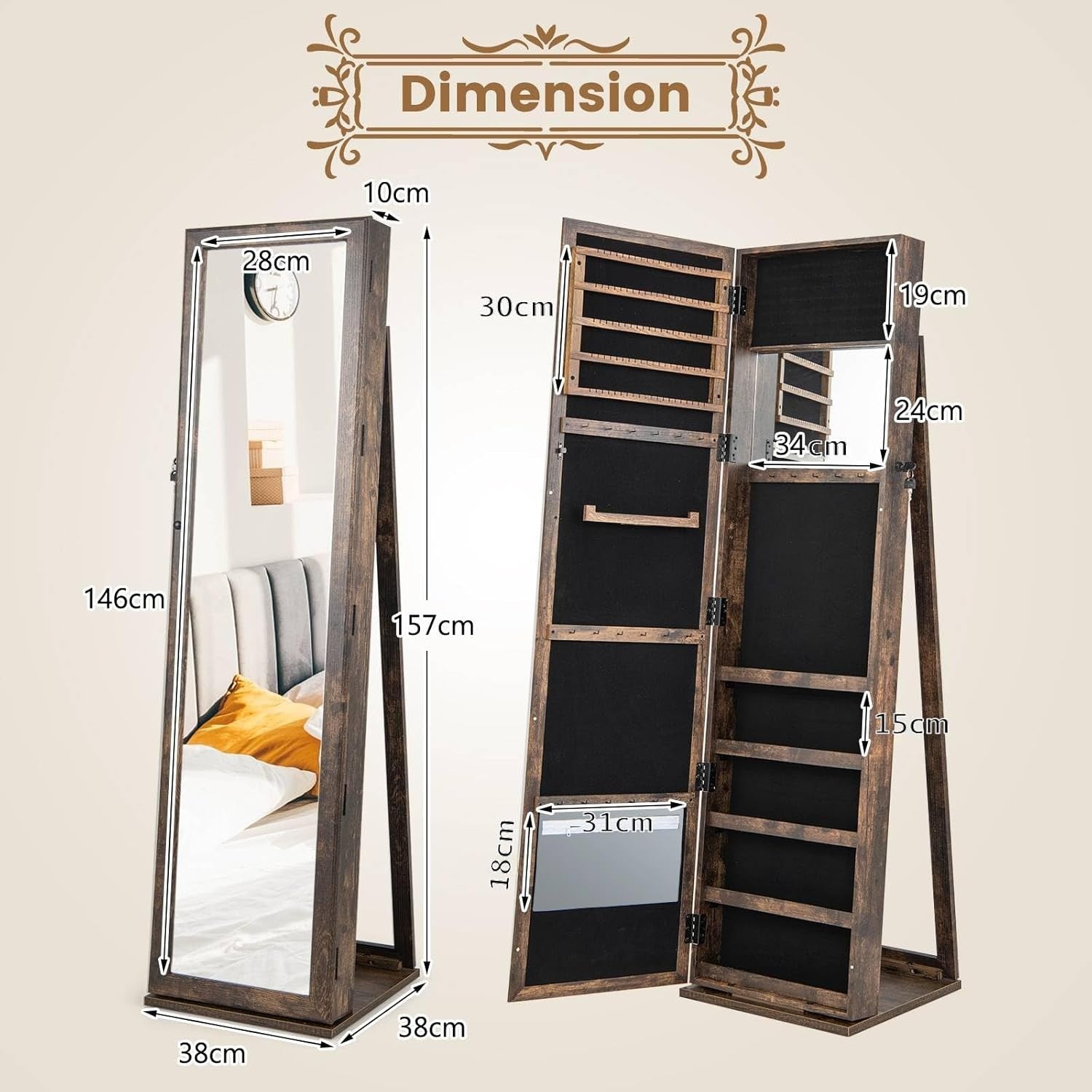 Rustic Brown Rotating Jewelry Armoire Lockable Mirror Storage Cabinet