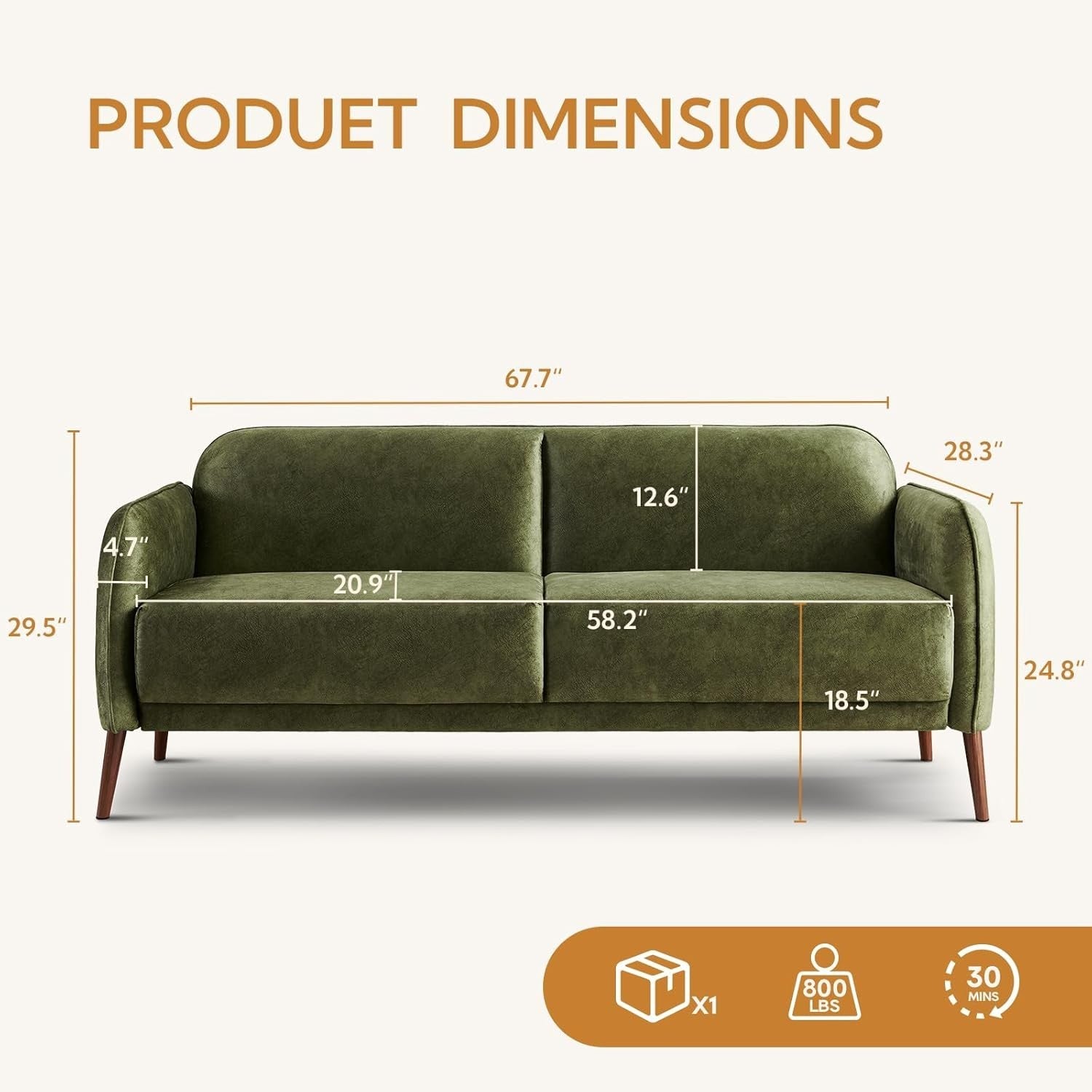 Velvet Loveseat Sofa 2-3 Seater Green Modern Couch for Lounge or Office