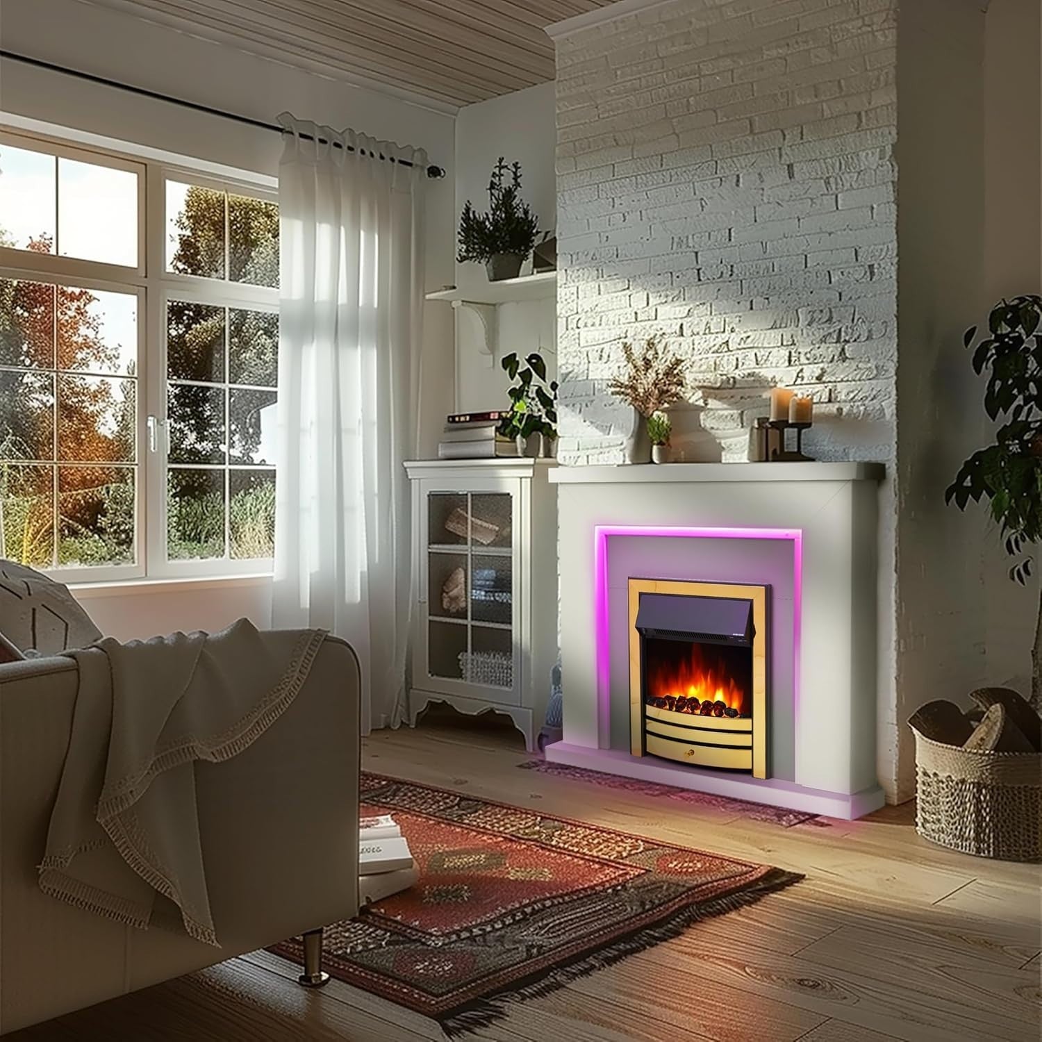 Electric Fireplace 42" LED Fire Suite Remote White Grey Brass Insert