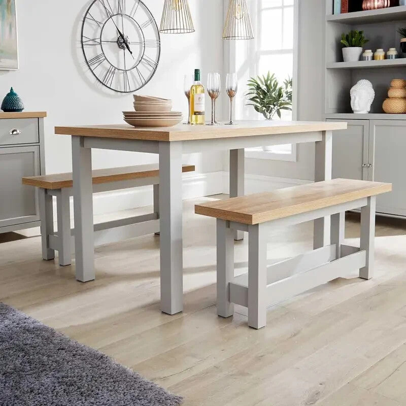 Oak Effect Dining Table & 2 Bench Set Grey Painted MDF Compact Kitchen Set