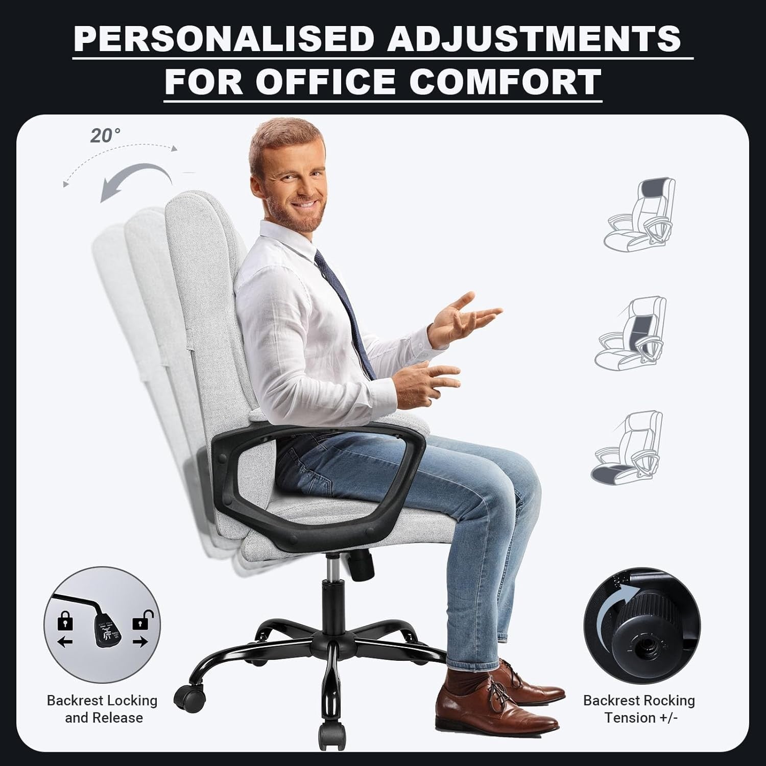 Ergonomic Office Chair S-Back Adjustable Height Rolling Desk Swivel Fabric Grey