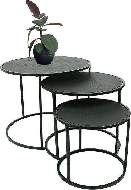 Set of 3 Black Wood Look Nesting Tables Round Coffee End Side Accent Space Savin