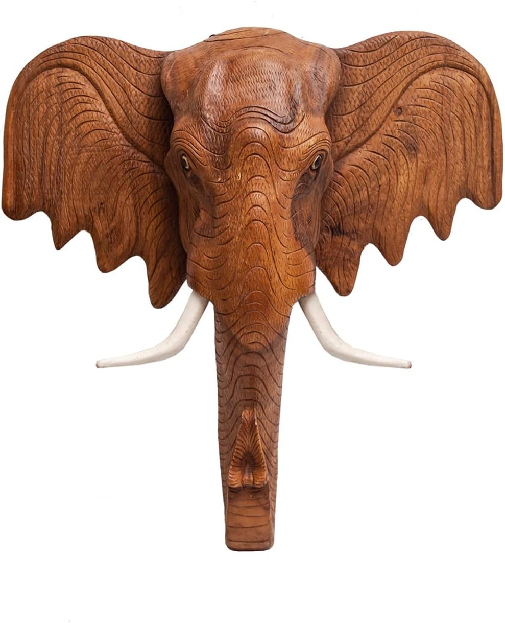 Thai Elephant Head Wall Sculpture 13" Wooden Bust Decor