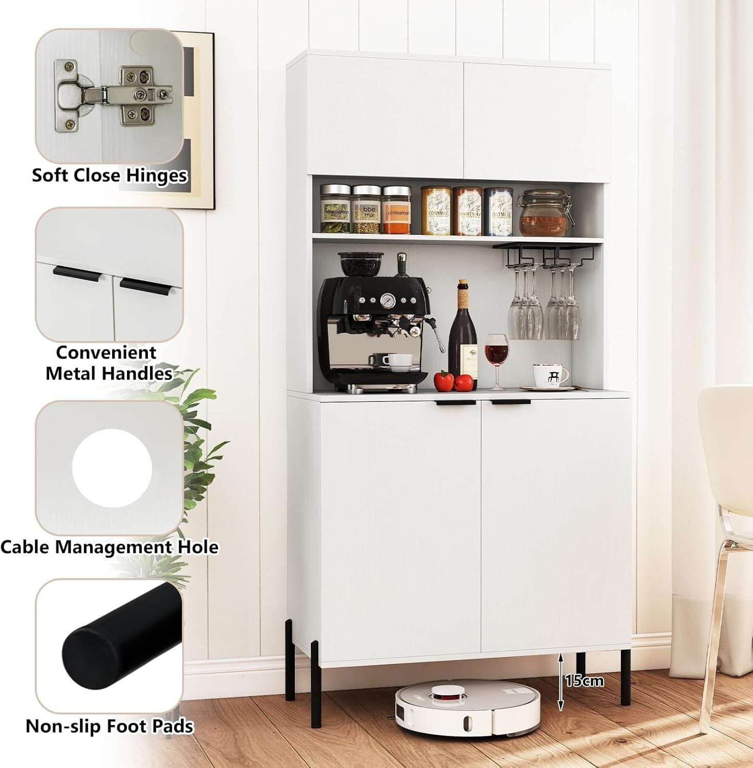 Tall Kitchen Cupboard 4-Door Pantry Storage Cabinet with Wine Rack & USB