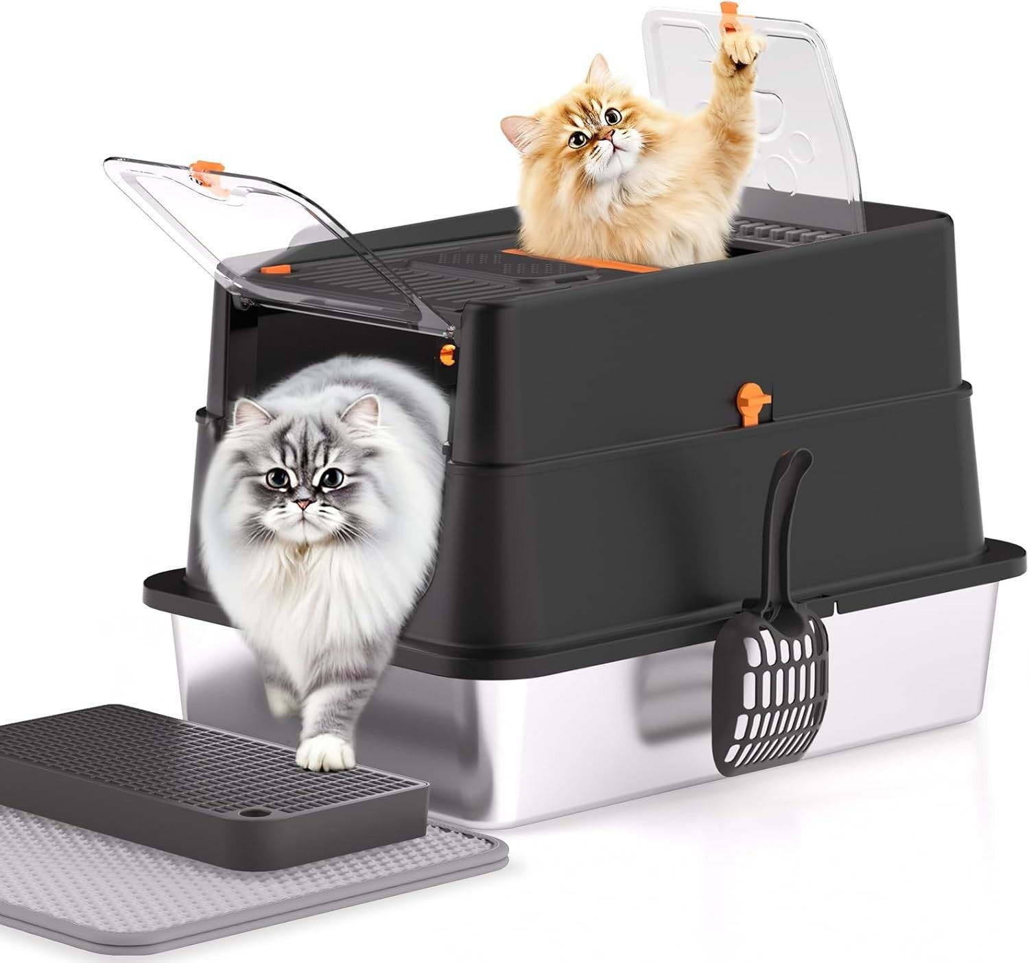 XL Stainless Steel Cat Litter Box Covered High Sided Front Top Entry