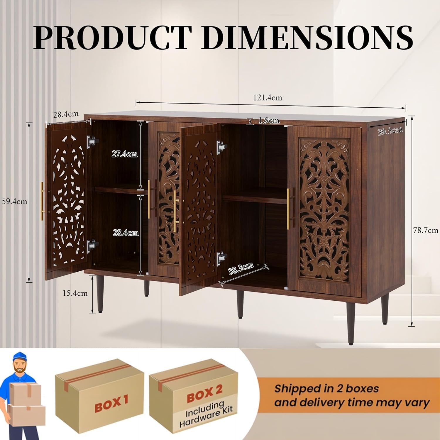 Vintage Brown Sideboard Cabinet 4 Doors Hollow Carved Storage Buffet
