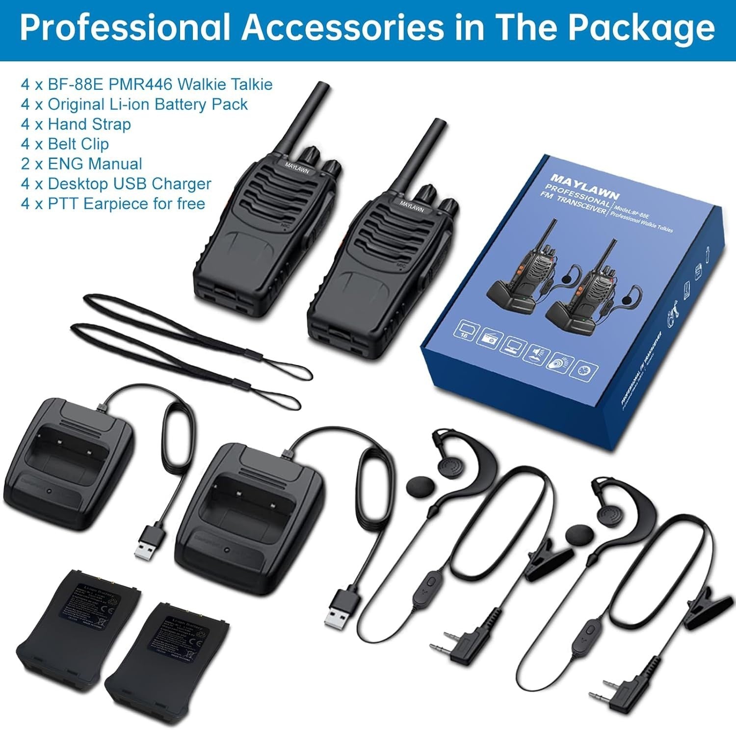 Long Range Walkie Talkies 4 Pack Rechargeable 2 Way Radios VOX PMR446