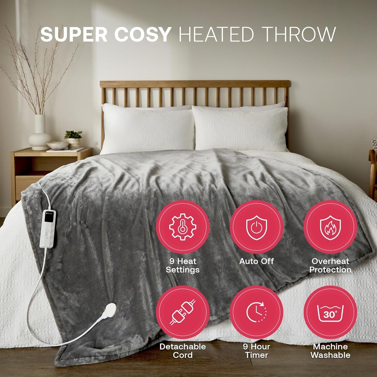Electric Heated Throw Blanket Fast Heat 9 Settings Timer Washable Grey