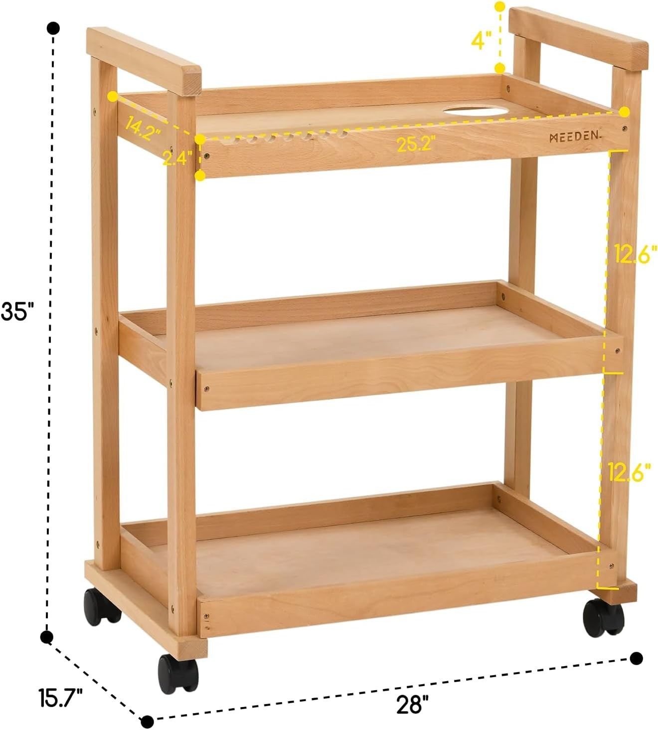 3 Tier Wooden Art Storage Cart Rolling Studio Trolley with Wheels