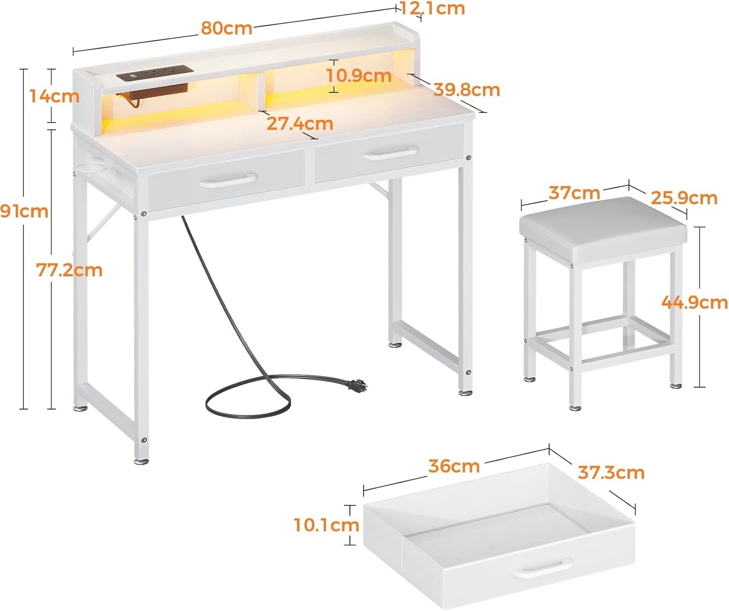 Vanity Dressing Table Desk w/ LED Lights Power Outlet Storage & Stool White