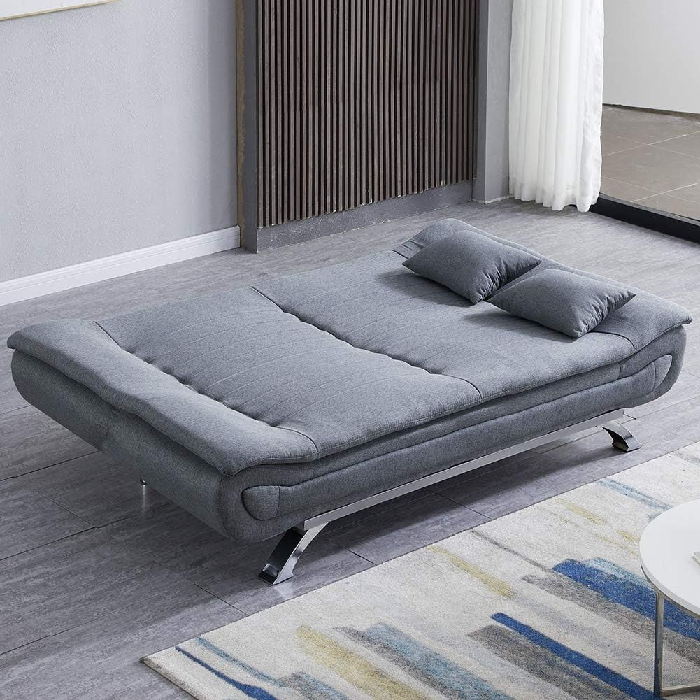 Luxury 3 Seater Sofa Bed Grey Linen Futon Couch w/ Pillows & Chrome Legs