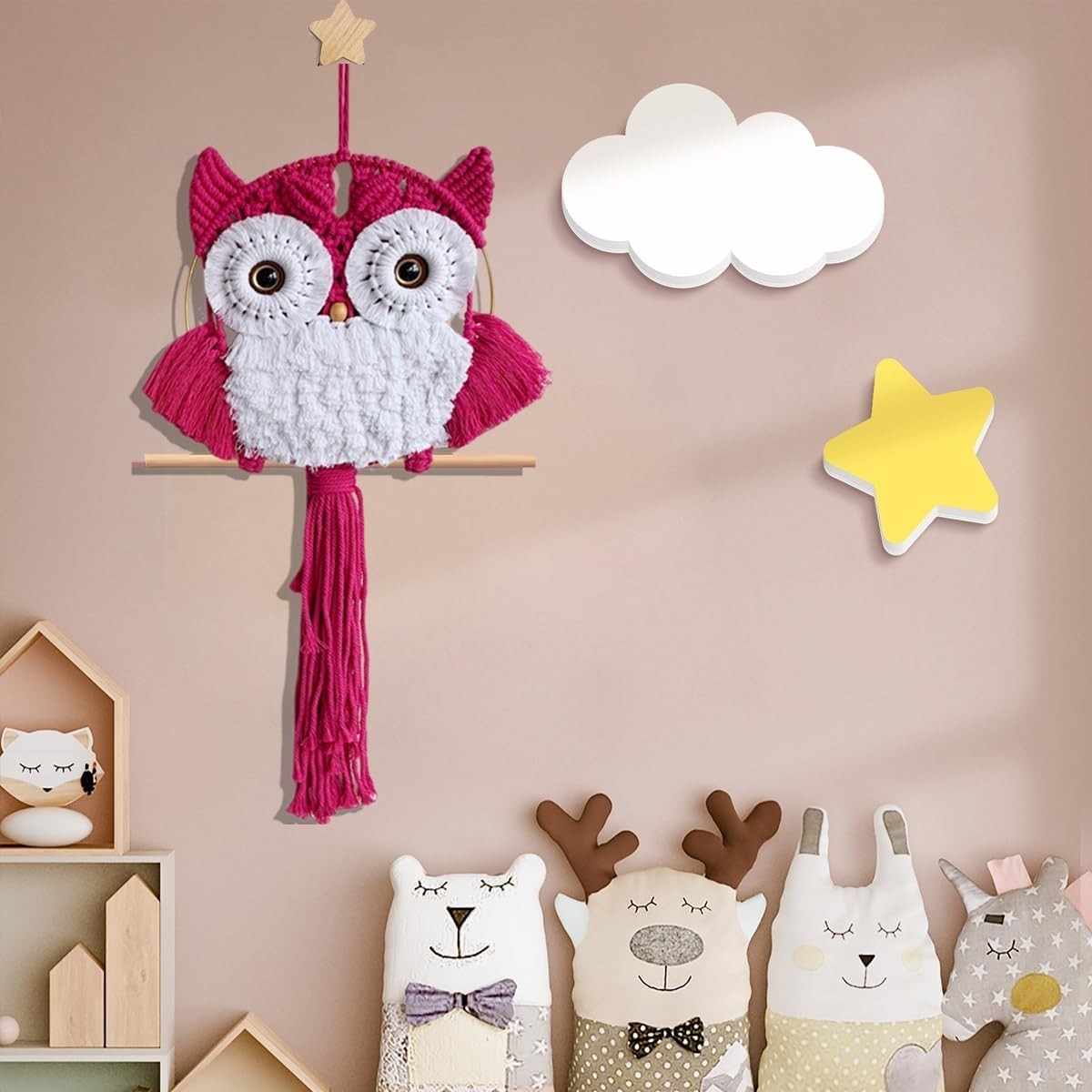 Fuchsia Macrame Owl Wall Hanging Boho Fiber Art Home Decor