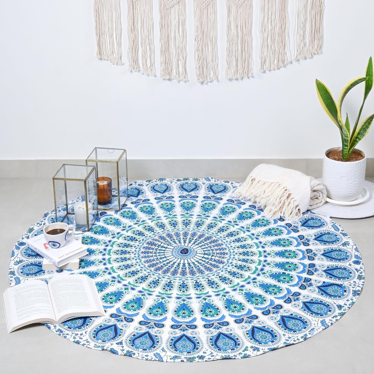 Sky Blue Peacock Round Tapestry 122cm Boho Wall Hanging Decor