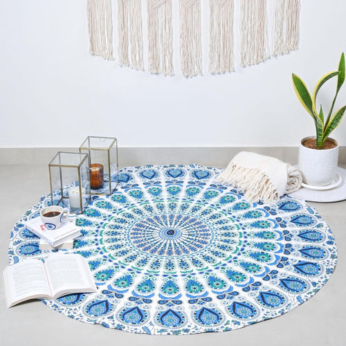 Sky Blue Peacock Round Tapestry 122cm Boho Wall Hanging Decor