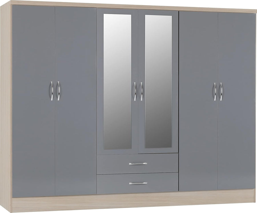 Large 6-Door Grey & Oak Wardrobe with Mirrors & 2 Drawers | Secure Storage